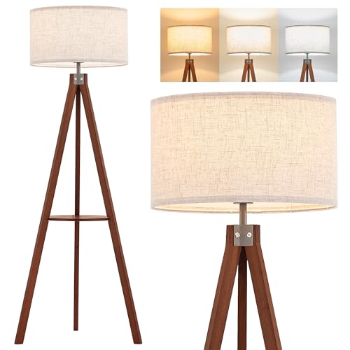 ELYONA Mid Century Floor Lamp with 3 Color Temperatures LED Bulb, Modern Wood Tripod Table Reading Standing Light, Wooden Shelf Floor Lamp for Farmhouse Living Room Bedroom Office Linen Shade Brown - style: Vintage
