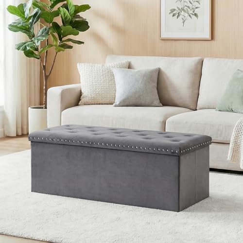 43 Inches Velvet Storage Ottoman Bench, Folding Upholstered Ottoman with Storage for Bedroom Living Room, 140L Capacity - color: Grey