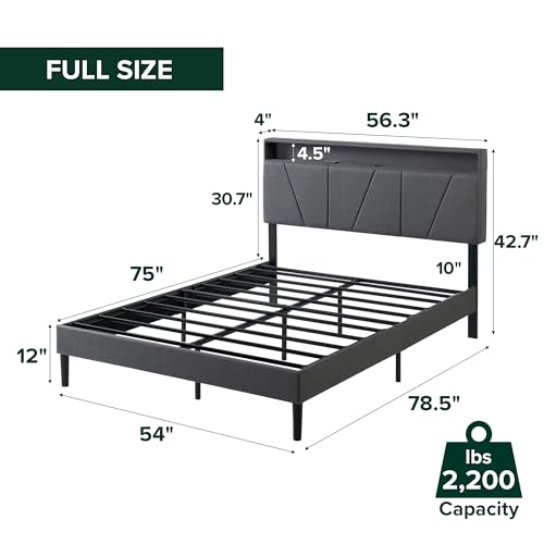 Zinus Maya Upholstered Platform Bed Frame, RGB LED Lights, Full | Space-Saving Two-Tier Headboard Storage, Built-in USB Charging Station, Soft Ambient Night Light, No Box Spring Needed - color: Grey, size: Full, style: LED + Headboard Storage