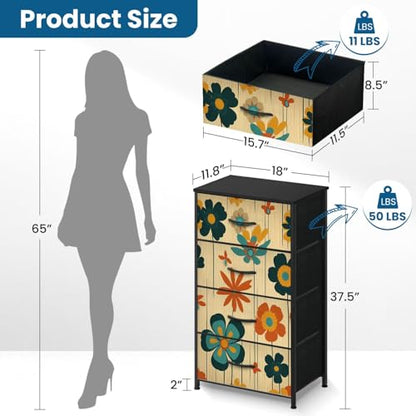Dresser for Bedroom Dresser for Closet Geometric 1960s Floral Art Teal Orange Mustard Dressers & Chests of Drawers Fabric Closet Organizers and Storage with 4 Drawers