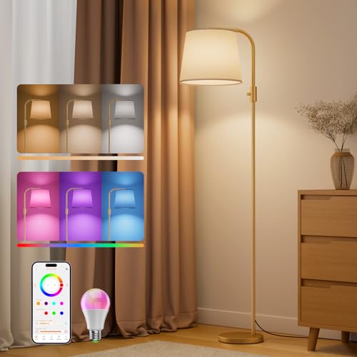Smart RGB Arc Floor Lamp, 65", App Control, Compatible with Alexa | 2700K-6000K tunable white, 1%-100% dimmable, music sync, 1200lm, 350° swivel woven linen shade, no account required - color: Gold, size: 65"(App Control)