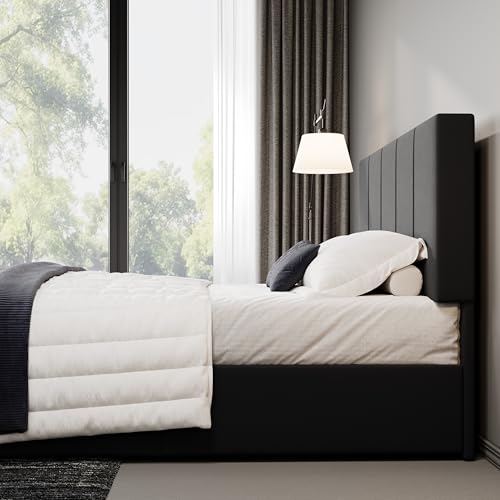 Allewie Full Size Dutch Velvet Upholstered Platform Bed Frame/Vertical Channel Tufted Adjustable Headboard/Low Profile Bed Frame/No Box Spring Needed/Easy Assembly/Black - color: Black, size: Full