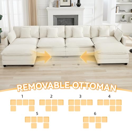 147'' Sectional Cloud Deep Seat Couch, Oversized Chenille U Shaped Sectional Sofa for Living Room Set, Comfy Upholstered Modular Sectional Sofa Couch with 2 Movable Ottoman, Beige - color: Beige, size: 147'' U Shape