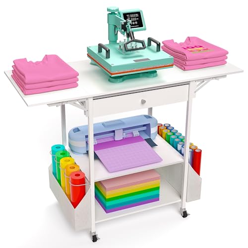 Crafit Foldable Heat Press Table, Hold 36 Vinyl Rolls, Large with Wheels | Movable Heat Press Cart with Storage Bag, Heavy Duty Workbench for Sublimation, T-Shirts and Caps Heat Transfer Project - color: Enlarged Size - White