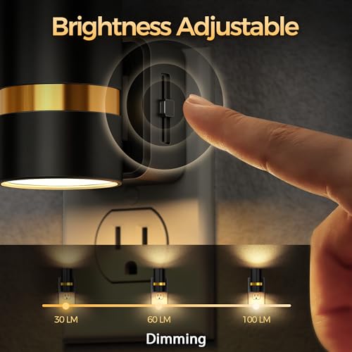 LED Night Light, 2 Pack, Dimmable Night Light Plug in | Black Cylinder Wall Sconce, Slide Brightness Adjustable with Dusk to Dawn Sensor, 3000K Warm White for Bedroom