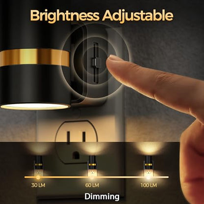 LED Night Light, 2 Pack, Dimmable Night Light Plug in | Black Cylinder Wall Sconce, Slide Brightness Adjustable with Dusk to Dawn Sensor, 3000K Warm White for Bedroom