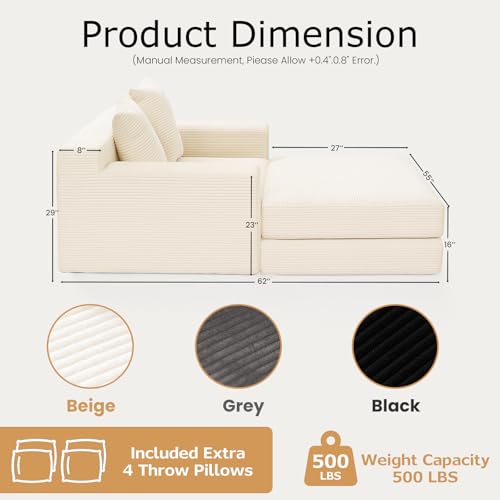 cidludto Convertible Futon Sofa Bed with Ottoman, 5 in 1 Folding Couch Bed Loveseat, Corduroy Boneless Couch with Deep Seat for Living Room Chaise Lounge Chair Indoor, No Assembly Required, Beige - color: Beige, size: Sofa Bed-55''