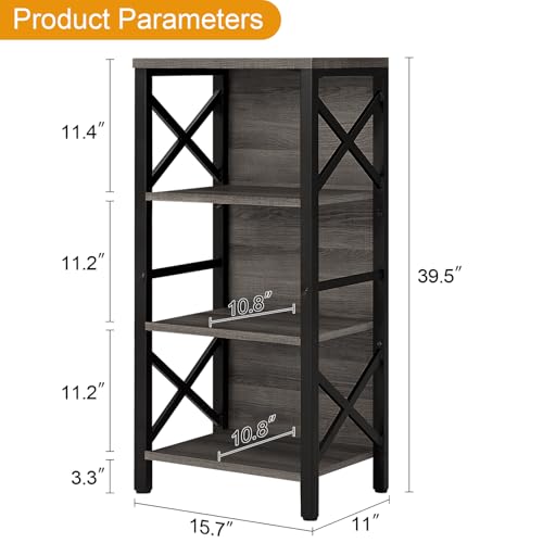 MNEETRUNG Small Bookshelf,4 Tier Industrial Bookcase with Metal Frame and Backboard,Narrow Rustic Gery Book Shelf,Book case for Small Spaces,Living Room,Bedroom and Home Office - color: Grey, size: 4-Tier (15.7"W x 11"D x 39.5"H)