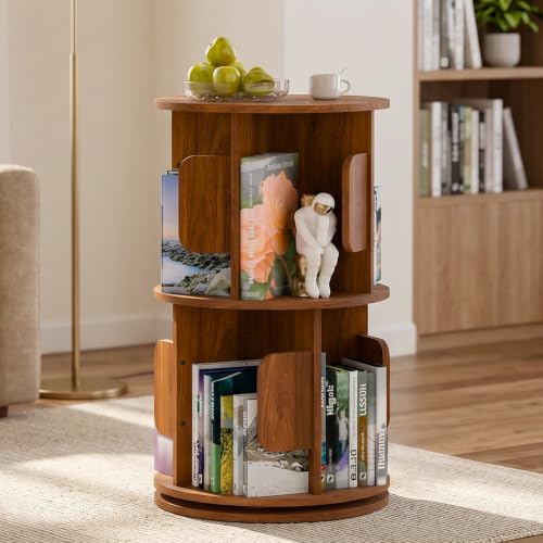2-Tier 360° Rotating Bookshelf, Round Floor Standing Bookcase with Space Saving Design, Open Storage Shelf for Bedroom, Living Room, Home Office,Brown - color: Brown, size: 2 Tier