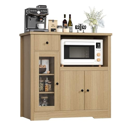 GarveeHome Kitchen Microwave Cabinet with Storage and Drawers, Natural | Modern Small Buffet Cabinet, Glass Doors, Adjustable Shelf, Wooden Sideboard, Wide Top, for Dining Room, Living Room - color: Natural