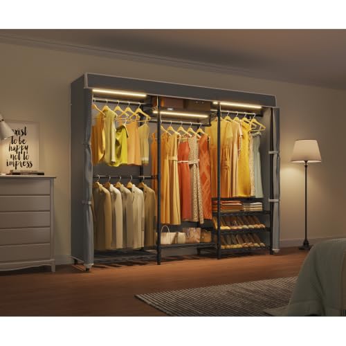VIPEK V5LC Garment Rack Heavy Duty Covered with Dimmable LED Lights, 3000K Warm White, Portable Closet Wardrobe Freestanding for Hanging Clothes, Black with Grey Cover - color: Black Rack With Grey Cover, style: V5LC