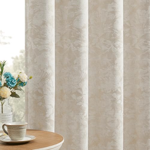 Beauoop Beige Floral Jacquard Blackout Curtains for Bedroom 52x84 2 Panels | Flower Chenille Room Darkening Drapes for Living Room 84 Inch Long Thermal Insulated Soundproof Window treatment Grommet - color: Grommet | Beige, size: 52"W x 84"L (Pack of 2)