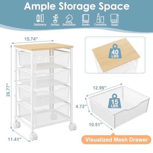 Hongtamoya Rolling Cart with Drawers, Storage Cart with Wheels Metal Rolling Drawer Cart with Lockable Wheels and Wood Tabletop Craft Storage Art Cart for Living Room Bedroom Classroom Office White - color: White, size: 4 Drawers