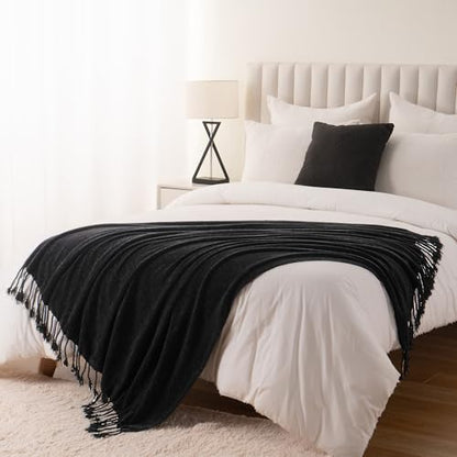 BATTILO HOME Black Chenille Throw Blanket, 50 x 60 Inches | Soft Chenille Knit with Handmade Fringe Tassels, Lightweight, Cozy and Less Prone to Tangling for Couch, Bed or Chair - color: Black