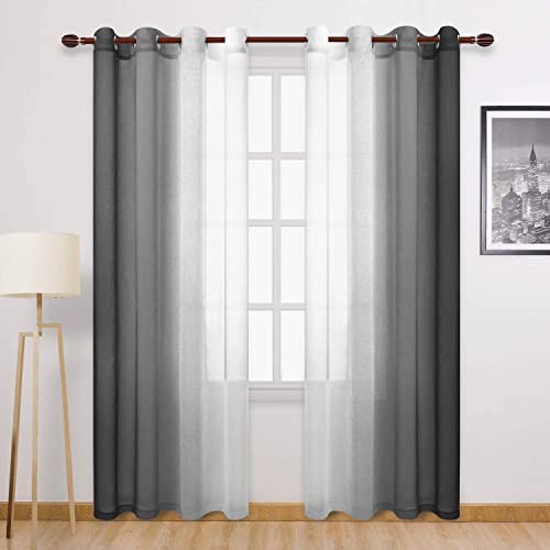DWCN Ombre Faux Linen Sheer Curtains - Semi Voile Gradient Grommet Top Curtains for Bedroom and Living Room, 52 x 108 Inches Long, Set of 2 Window Curtain Panels, Black - color: Black, size: 52"W x 108"L (Pack of 2)