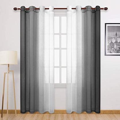 DWCN Ombre Faux Linen Sheer Curtains - Semi Voile Gradient Grommet Top Curtains for Bedroom and Living Room, 52 x 108 Inches Long, Set of 2 Window Curtain Panels, Black - color: Black, size: 52"W x 108"L (Pack of 2)