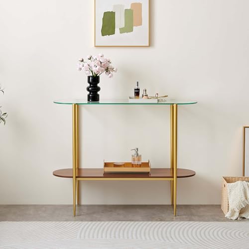 LumFurn Oval Glass Console Table for Living Room, Foyer & Entrance, 2-Tiers Mid-Century Modern Sofa Table with Clear Glass Top, Walnut Finish Wood Shelf and Gold Finish Frame - color: Oval L40.9" Clear & Walnut