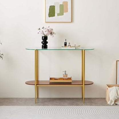LumFurn Oval Glass Console Table for Living Room, Foyer & Entrance, 2-Tiers Mid-Century Modern Sofa Table with Clear Glass Top, Walnut Finish Wood Shelf and Gold Finish Frame - color: Oval L40.9" Clear & Walnut
