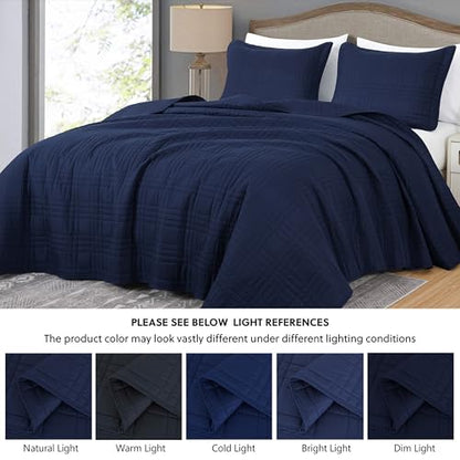 Chezmoi Collection Kingston Queen Size Bedspread Set, 3-Piece Navy Oversized Quilted Microfiber Lightweight Bedspread Coverlet (100"x106") for All Seasons - color: Navy, size: Queen