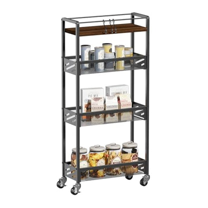 DGSNADGO Slim Rolling Storage Cart, 4-Tier Narrow Kitchen Cart with Wheels | Metal Mobile Snack Shelving, Rolling Spice Rack for Small Space in Kitchen, Living Room, Bathroom, Rustic Brown and Black - color: Rustic Brown+black