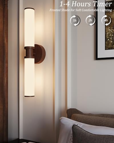 Rayogale Walnut Wireless Battery Operated Wall Sconces with Remote Control | White Glass Rechargeable Wall Lights Set of 2 with Timer Function Dimmable for Living Room Bedroom Emergency 3000K, 20.5 Inch - color: Walnut(White Lampshades)