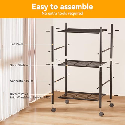 BolDuck 3 Tier Shelf Organizer Rack, Metal Shelving Unit with Wheels/Leveling Feet, Space-Saving Storage Shelves for Closet Laundry Bathroom Kitchen Pantry, 18.11" Wx12.6 Dx31.5 H - size: 3 Tier Shelf with Wheels