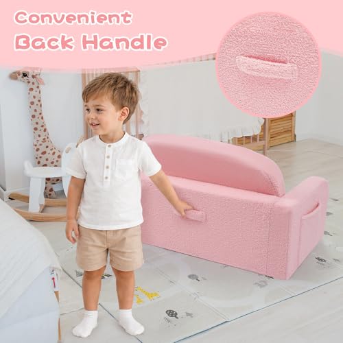 Foryoomi Extra Wide Kids Couch, 2-in-1 Soft Toddler Couch with Blanket, Comfy Toddler Chair, Convertible Sofa with Cute Rainbow Design, Pink - color: Pink Rainbow