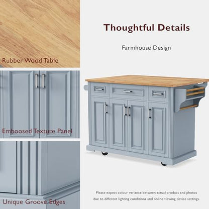 54inch Large Kitchen Island with Rubber Wood Drop Leaf,Embossed Texture Rolling Kitchen Cart On 4 Wheels with 4 Doors and 3 Drawers, Storage for Dining Room (Grey Blue-0t) - color: Grey Blue-0t)