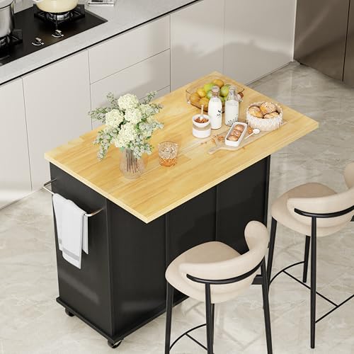 Shintenchi Kitchen Island with Storage, Bar Cart Cabinet Island Table on Wheels, Rolling Microwave Cart for Kitchen with Drop Leaf, Drawers, Towel Rack, Seating Area for Dining Room, Black - color: Black-42 Inch