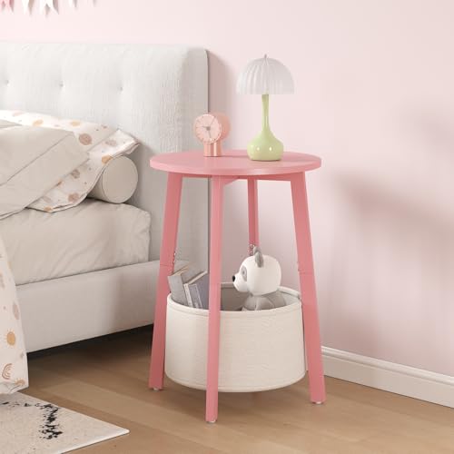 sthmec Small Round Side End Table with Cloth Storage Basket, Round Bedside Sofa Couch Coffee Tables for Small Places with Metal Frame, Modern Nighstands for Living Room Bedroom, Pink - color: Pink