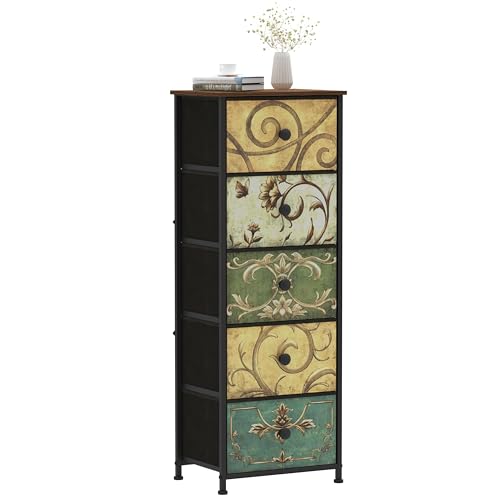 Small Dresser for Bedroom with Retro Flower Narrow Drawers Slim Chest of Drawers Skinny Nightstand Sofa End Table for Living Room Entryway Closet Storage (Multi, 5 Drawers) - size: 11.8"D x 16.5"W x 45.5"H (5 Drawers)