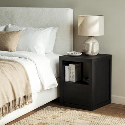 Wabi-sabi Style Nightstand, Modern Bedside Table with Charging Station,Thickened Wood End Table with Drawer Storage & Open Shelf, Night Stand for Bedroom, Black - color: Black