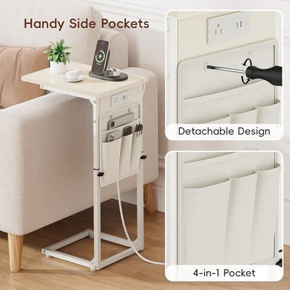 C Shaped End Table with Charging Station, Adjustable Height Side Table for Couch, Small Sofa Table C Table End Table, Slide Under Couch Table TV Tray Arm Table for Living Room, Bedroom, Cream - color: Cream White, style: With Plug