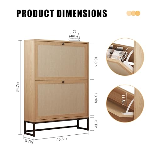 Narrow Shoe Storage Cabinet for Entryway with Natural Linen Panel, Freestanding Slim Shoe Cabinet with 2 Flip Drawers, Wood Shoe Organizer Closed Shoe Rack for Hallway, Living Room(Natural) - color: Natural, size: 2 Drawers Single Layer