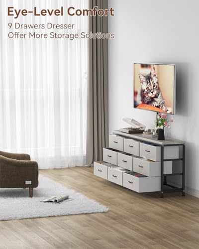 TV Stand with Mount for 32/55/65/75/85 inch TVs, Entertainment Center with 9 Fabric Drawers Dresser Storage, Height Adjustable Media Console - color: Greige