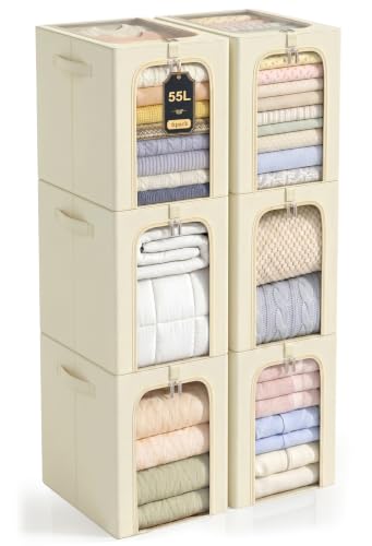 GoMaihe Blanket Storage Bins with Metal Frame for Closet, 55L 6-Pack Beige | Winter Coat Clothing Comforters Bedding, Closet Top Shelf Organizer, Collapse-Proof Stackable, Clear Window Dual Access - color: Beige, size: 55L