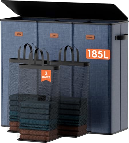 185L Laundry Hamper 3 Section, Laundry Hamper with Lid, Dirty Clothes Hamper with 3 Removable Washing Bags, Extra Large Laundry Basket Organizer for Bedroom, Laundry Room, Dorm - Navy Blue - color: Navy Bule, size: 48.86 Gal - 3 Section
