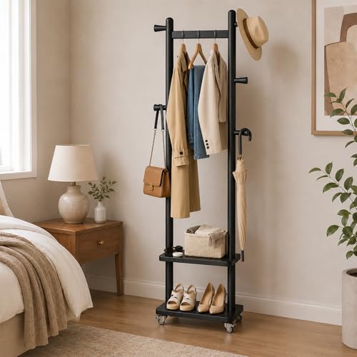 Small Clothes Rack Solid Wood Coat Rack Freestanding with Wheels | Space Saving, Stable 5 Hooks 2 Shelves Coat Tree, Silent 360 Degree Wheels, Heavy Duty 150 lb Capacity for Entryway Bedroom - color: Black, size: S: 15.7" x W: 11.8" x H: 70" (With Wheels)