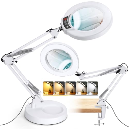 12X Magnifying Glass with Light and Stand, 2-in-1 Desk Lamp & Clamp Light, 5 Color Modes, Brightness Stepless Dimmable LED Lighted Magnifier Hands Free, Magnifier Lamp for Crafts - White - color: White, size: 12X 17.8inch Base & Clamp