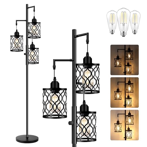 ROTTOGOON Dimmable Farmhouse Floor Lamp, Industrial Floor Lamp for Living Room with 3 X 6W LED Bulbs, 3 Light Rustic Standing Tall Lamp for Bedroom, Office, 68" - color: Black - Dimmable (With Bulbs), size: 68"
