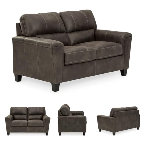 Signature Design by Ashley Modern Faux Leather Loveseat, Small Sofa, Gray | Sag-resistant proprietary platform foundation, Compact 61-inch profile for tight spaces, Navi Series - color: Grey, style: Loveseat