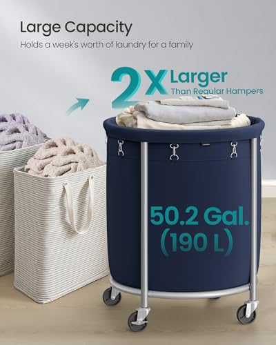 SONGMICS Laundry Basket, Rolling Steel Frame with 2 Locking Wheels, 190 L | Heavy-Duty Laundry Hamper Cart with Removable Bag, Charcoal Blue and Metallic Silver, URLS001Q01 - color: Charcoal Blue + Metallic Silver, size: 190 L (1-Section)