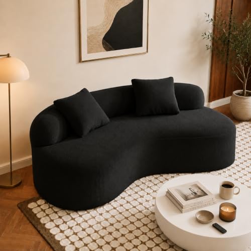 79" Curved Loveseat, Boneless Deep Seat Boucle Cloud Sofa, Black | Curved boneless design, deep plush seating, soft boucle upholstery and 2 pillows deliver cloud-like comfort for living rooms. - color: Black