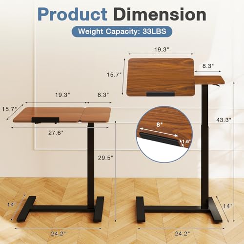 DUMOS Adjustable Bedside Overbed Table with Wheels, Brown | Laptop Standing Desk with Tilting Top Height, Mobile Rolling Computer Cart for Hospital Home Bedroom Use - color: Rust Brown, size: 27.5" x 15.7" x 43.3"