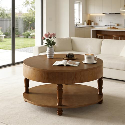 31.5" Round Coffee Table with Storage, 2 Tier Modern Center Table, Adjustable Leveling Feet, Easy Assembly, Wood Coffee Table for Living Room, Apartment, Small Space. (Walnut) - color: Walnut-n