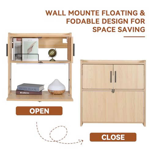 ARTETHYS Wall Mounted Desk Folding with LED Light Drop Down Hanging Desk | Multifunctional Fold Down Laptop Computer Table, Writing Workstation with Storage Compartments, Space Saving for Home - color: Wood