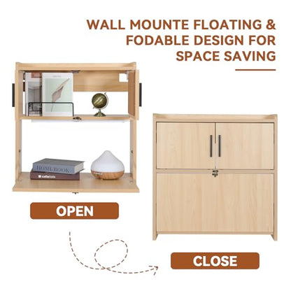 ARTETHYS Wall Mounted Desk Folding with LED Light Drop Down Hanging Desk | Multifunctional Fold Down Laptop Computer Table, Writing Workstation with Storage Compartments, Space Saving for Home - color: Wood