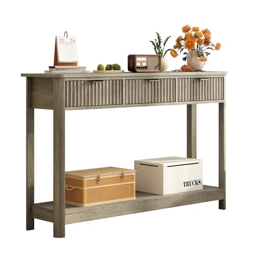 RUSTOWN Fluted Wood Console Table with 3 Drawers, 47.2" Boho Entryway Table | Narrow Behind Couch Sofa Table, Open Storage Shelf, Curved legs, 2 Tier Modern Farmhouse Hallway Table for Living Room, Foyer - color: Washed Oak