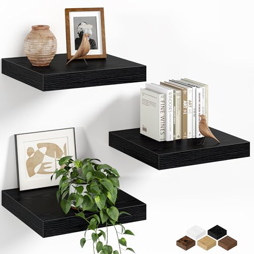Fun Memories Floating Shelves for Wall, 12 Inch Set of 3 Rustic Wood Wall Shelves with Invisible Brackets, Heavy Duty Storage Display for Bathroom Bedroom Living Room Kitchen, Black - color: Black, size: 12"W x 12"D, Set of 3