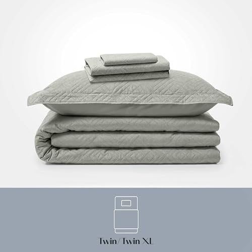 Clara Clark Quilts Twin Size - All Season Bedspread Coverlet Set, Pinsonic Weave Lightweight Bedding Set - 5 Piece Twin Quilt Set with Pillow Shams, London Fog - Twin Diamond - color: 33 – London Fog – Diamond, size: Twin